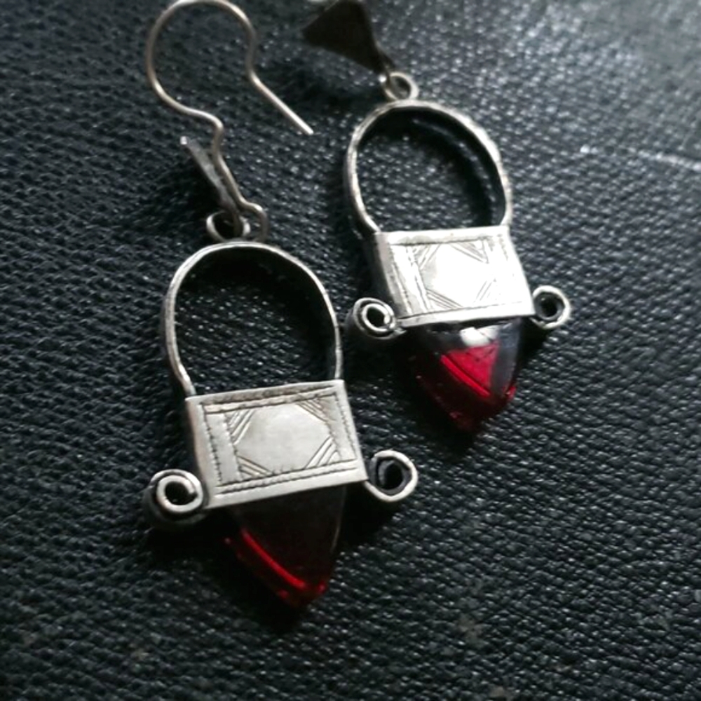 Moroccan Earrings - Bohemian Silver and Red Glass - Authentic from Morocco